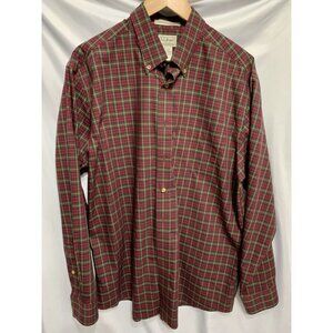 LL Bean Mens Large Cotton Shirt Green Red Plaid Lg Sleeves Wrinkle Resistant